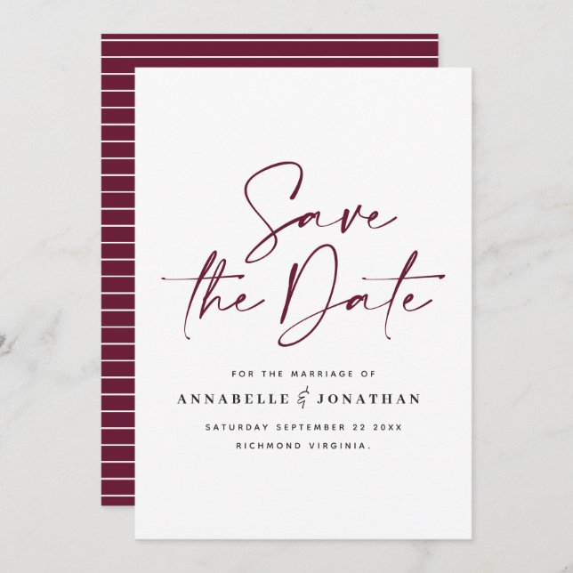 Casual burgundy mustard typography wedding save the date (Front/Back)