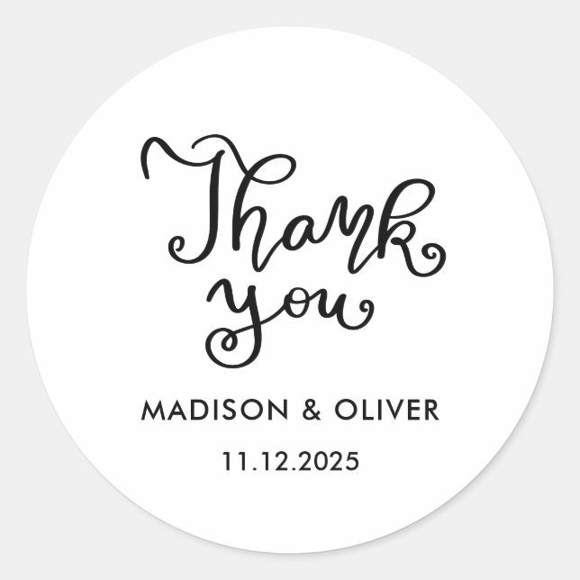 Casual Chic Script Thank You Wedding Classic Round Sticker (Front)