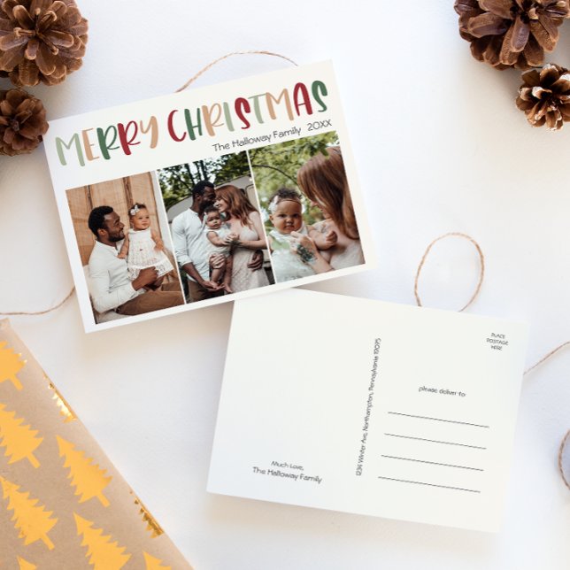 Casual Colourful Christmas Three Photo Holiday Postcard (Creator Uploaded)