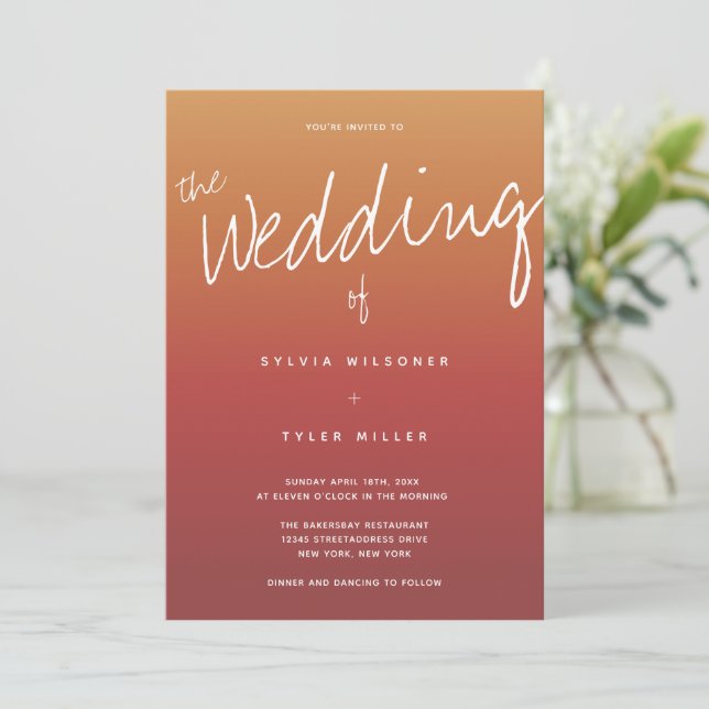 Casual Dusty Sunset Typography Wedding Invitation (Standing Front)