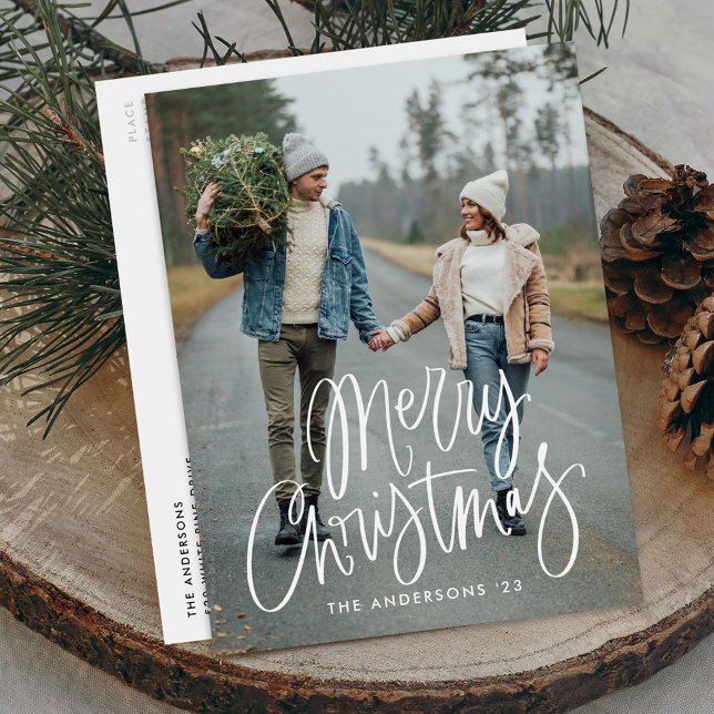 Casual Hand-Lettered Script Merry Christmas Photo Holiday Postcard (Creator Uploaded)