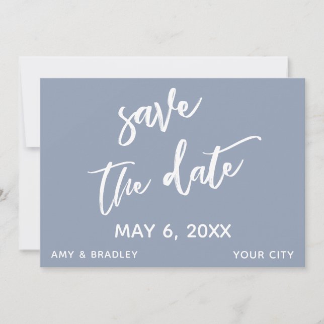 Casual Handwriting Dusty Blue Wedding Typography Save The Date (Front)
