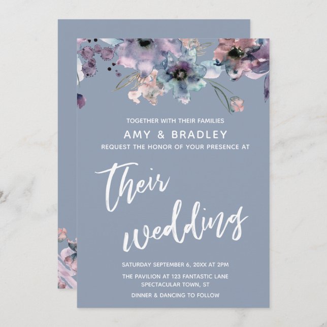 Casual Handwriting Floral Dusty Blue Wedding Invitation (Front/Back)