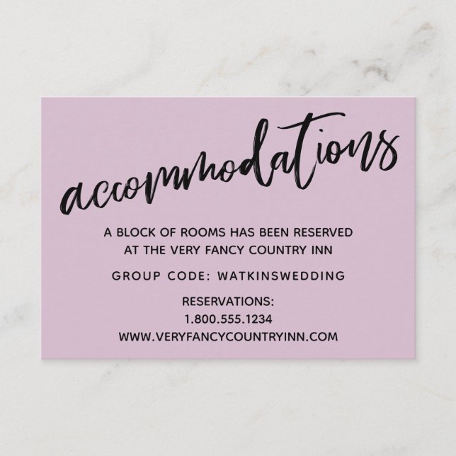 Casual Handwriting Mauve Wedding Accommodations Enclosure Card (Front)