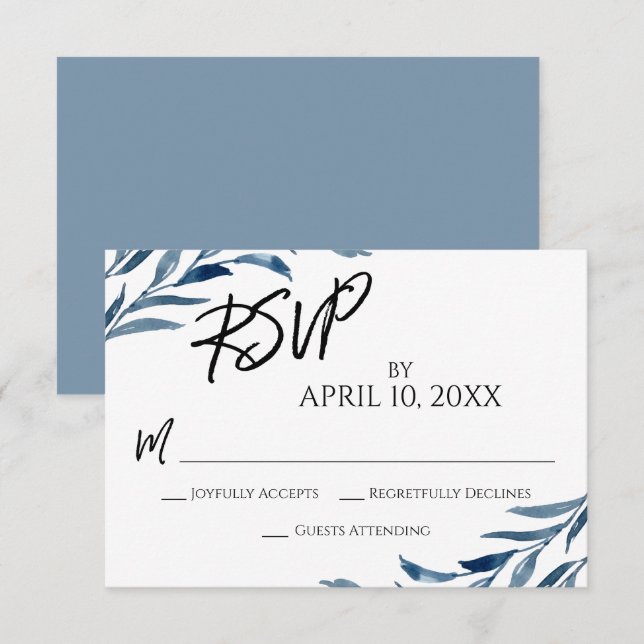 Casual Handwriting Script Blue Painted Leaves RSVP Card (Front/Back)