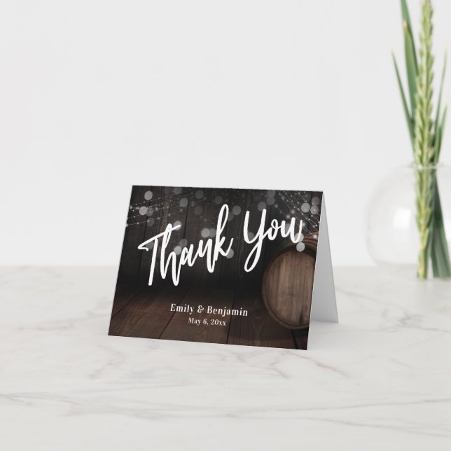 Casual Handwriting Wooden Barrel with Lights Thank You Card (Front)