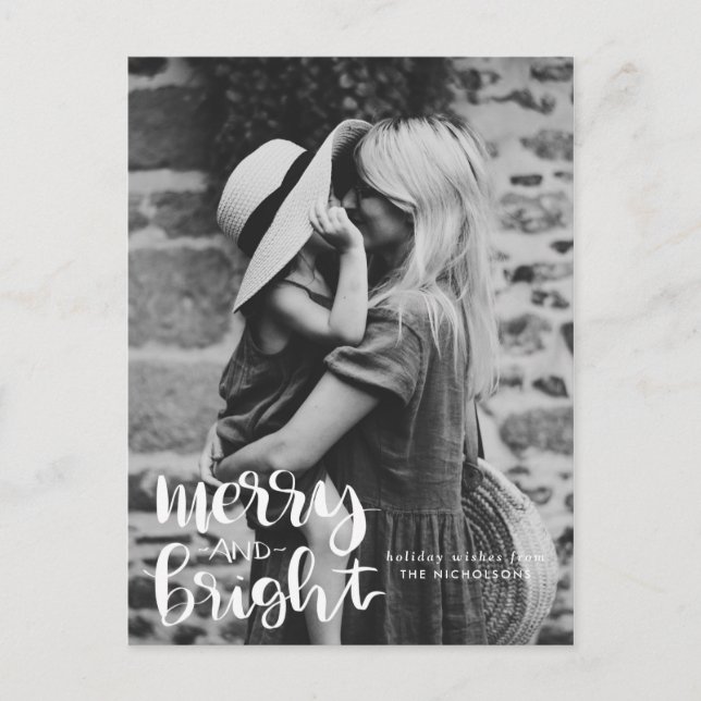 Casual Handwritten Merry and Bright Script Photo Postcard (Front)