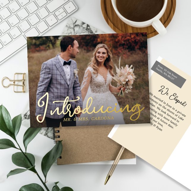 Casual Introducing Script Elopement Photo Foil Invitation Postcard (Creator Uploaded)