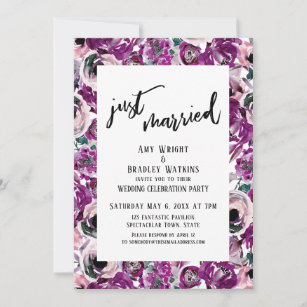Casual Just Married Bold Pink Watercolor Flowers Invitation