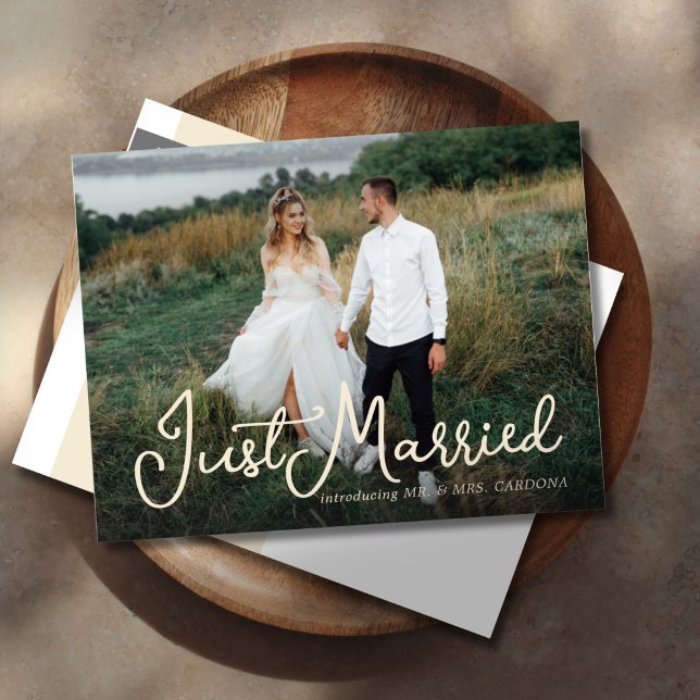 Casual Just Married Script Photo Announcement Postcard (Creator Uploaded)
