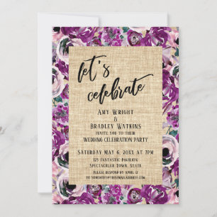 Casual Let's Celebrate Pink Flowers Burlap Invitation