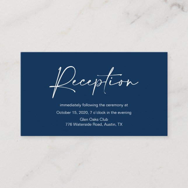 Casual Minimalist Navy ink Pen, Wedding Reception Enclosure Card (Front)