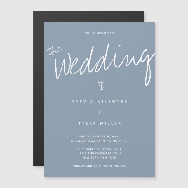 Casual Modern Dusty Blue Typography Wedding Magnetic Invitation (Front/Back)