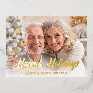 Casual Modern Script Happy Holidays Photo Foil Holiday Postcard