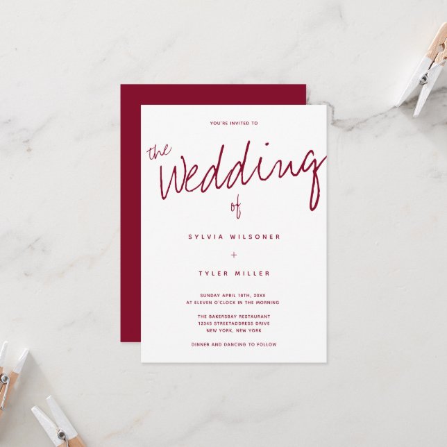 Casual Modern White Burgundy Typography Wedding Invitation (Front/Back In Situ)