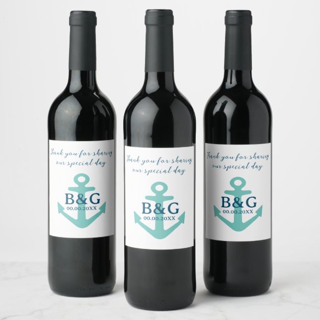 Casual nautical wedding teal anchor custom wine label (Bottles)