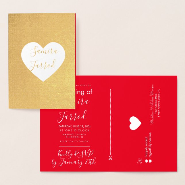 Casual Red and Gold Heart Rsvp and Wedding Card (Display)