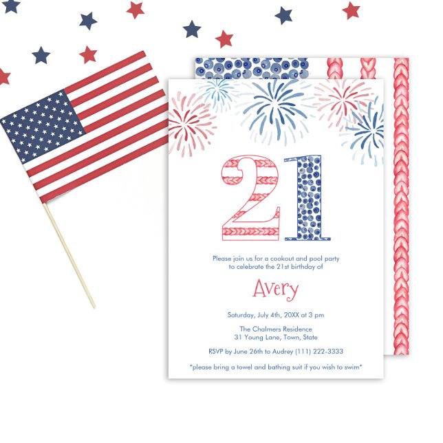 Casual Red White Blue Outdoors 21st Birthday Party Invitation (A fun summer-inspired red white and blue 21st birthday party invitation card design)
