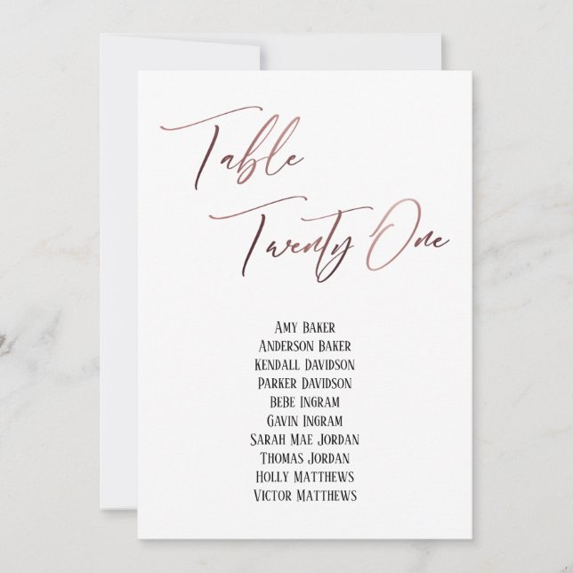 Casual Rose Gold Table Twenty One Seating Chart (Front)