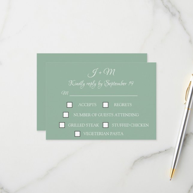 Casual Sage Green Boho Simple Modern RSVP Card (Front/Back In Situ)