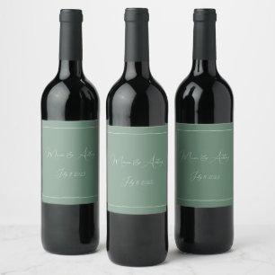 Casual Sage Green Simple Script Minimalist Wedding Wine Label