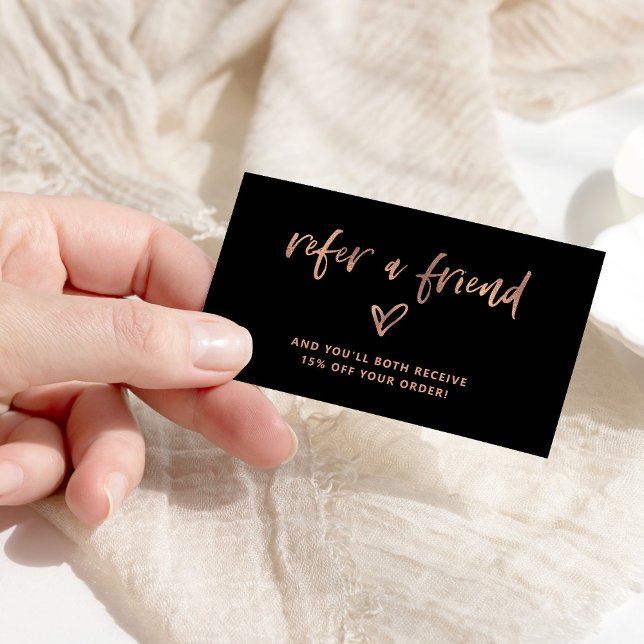 Casual Script and Heart | Faux Rose Gold and Black Referral Card (Creator Uploaded)