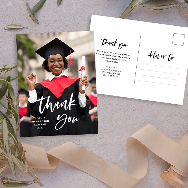 Casual Script and Photo | Graduation Thank You Postcard (Creator Uploaded)