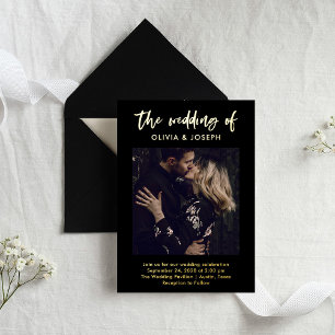 Casual Script and Photo on Black   Wedding Gold