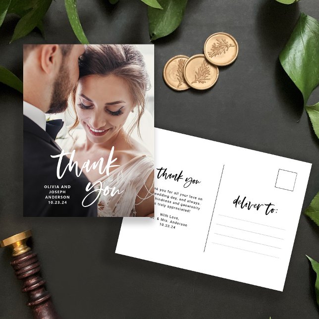Casual Script and Photo | Wedding Thank You Postcard (A modern and casual spin on a wedding thank you card - simply add your photo for an elegant result!)