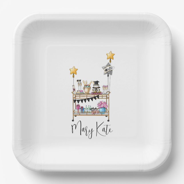 Casual Script Bar Cart Graduation Paper Plate (Front)