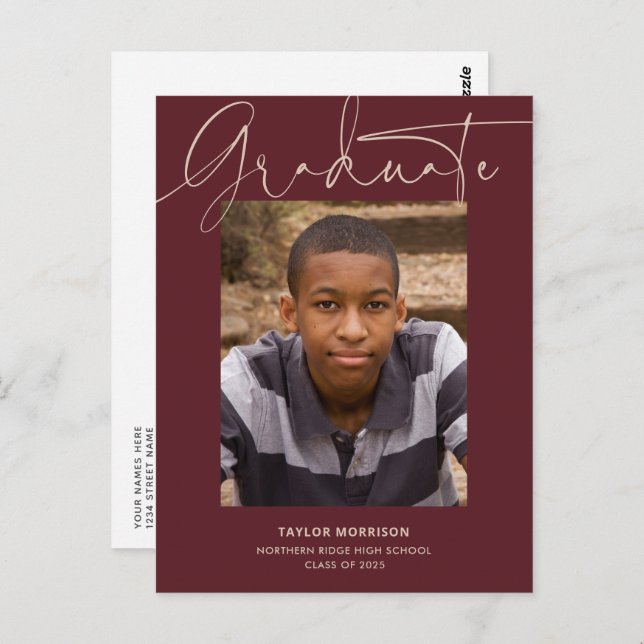 Casual Script Burgundy 2024 Photo Graduation Postcard (Front/Back)