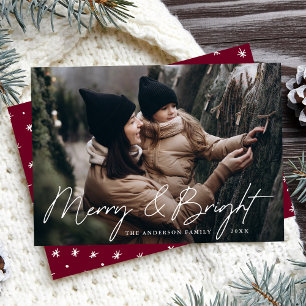 Casual Script Burgundy Merry and Bright Photo Holiday Card