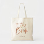 Casual Script | Chic Rose Gold Bride Tote Bag<br><div class="desc">This stylish and chic bridal party gift bag features modern,  casual faux rose gold script typography that says "Bride, " and a trendy scribbled heart,  with her name in simple bold text. The perfect elegant keepsake gift for the new bride.</div>