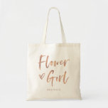 Casual Script | Chic Rose Gold Flower Girl Gift Tote Bag<br><div class="desc">This stylish and chic bridal party gift bag features modern,  casual faux rose gold script typography that says "Flower Girl, " and a trendy scribbled heart,  with her name in simple bold text. The perfect elegant wedding gift for your entire wedding party.</div>