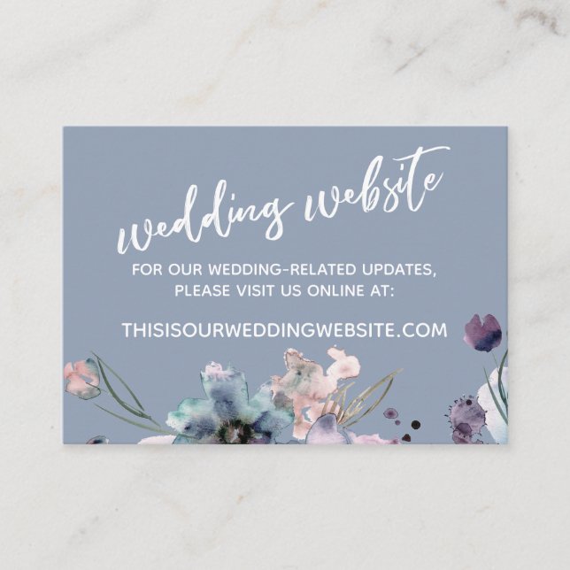 Casual Script Dusty Blue Floral Wedding Website Enclosure Card (Front)