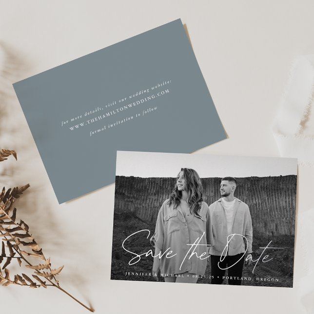 Casual Script Dusty Blue Photo Save the Date (Creator Uploaded)