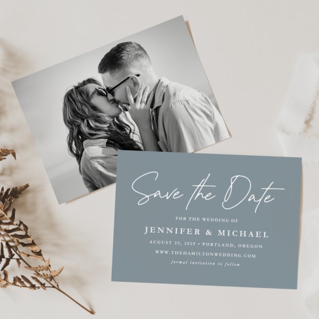 Casual Script Dusty Blue Photo Save The Date (Creator Uploaded)