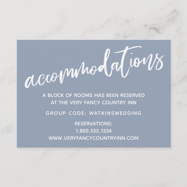 Casual Script Dusty Blue Wedding Accommodations Enclosure Card (Front)