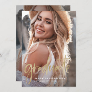 Casual Script Gold Two Photo Graduation Party Invitation