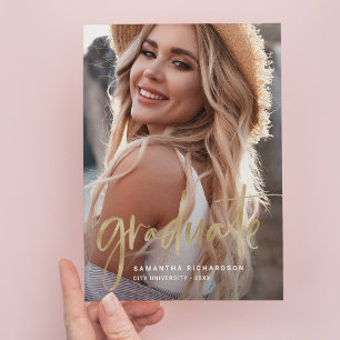 Casual Script Gold Two Photo Graduation Party Invitation Postcard