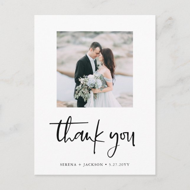 Casual Script | Minimalist Wedding Photo Thank You Postcard (Front)
