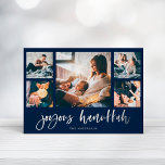 Casual Script Multi Photo Grid | Joyous Hanukkah<br><div class="desc">This simple,  classic silver foil family holiday greeting card features modern,  casual script typography that says "Joyous Hanukkah" on a dark navy blue background,  with a multi photo grid of five photos on the front and one more on the back.</div>