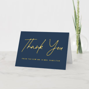 Casual Script Navy and Gold Wedding Thank You Foil Greeting Card