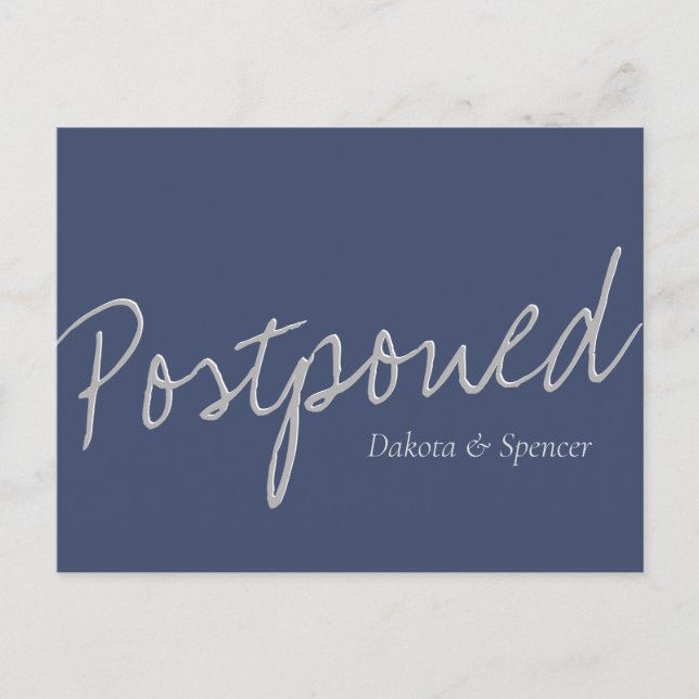 Casual Script | Navy Blue Grey Postponed Wedding Postcard (Front)