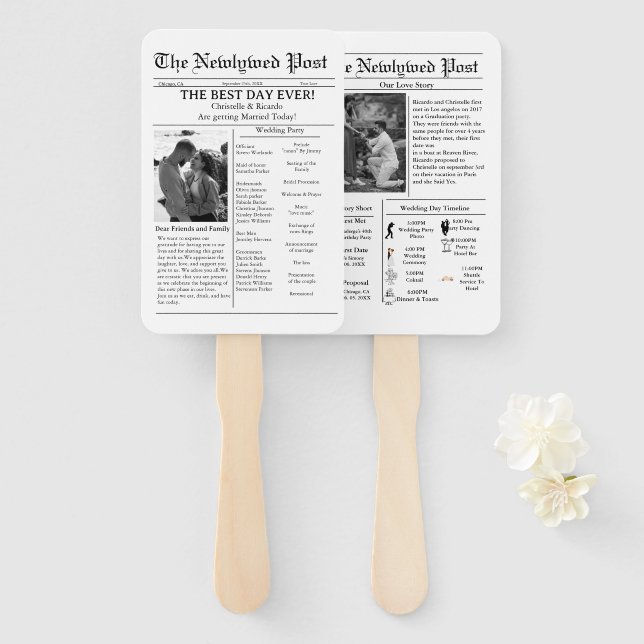 Casual script newspaper wedding save the date hand fan (Front and Back)