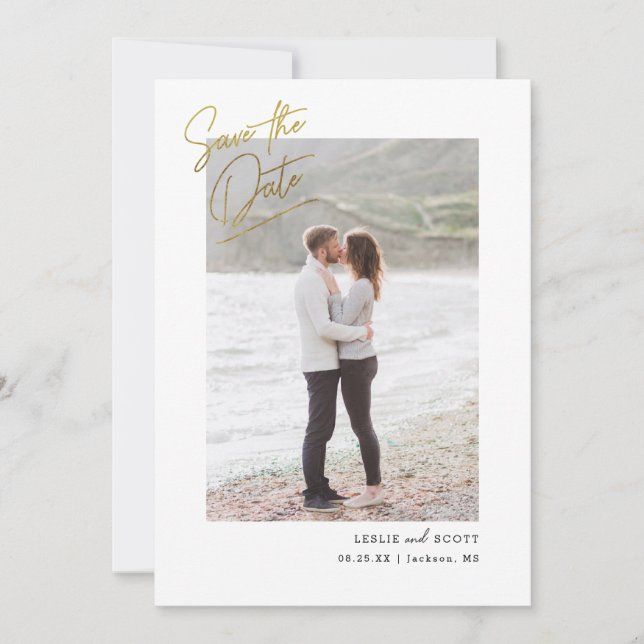 Casual Script Photo Save the Date Faux Gold Foil (Front)