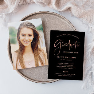 Casual Script Rose Gold and Black   Grad Party Invitation