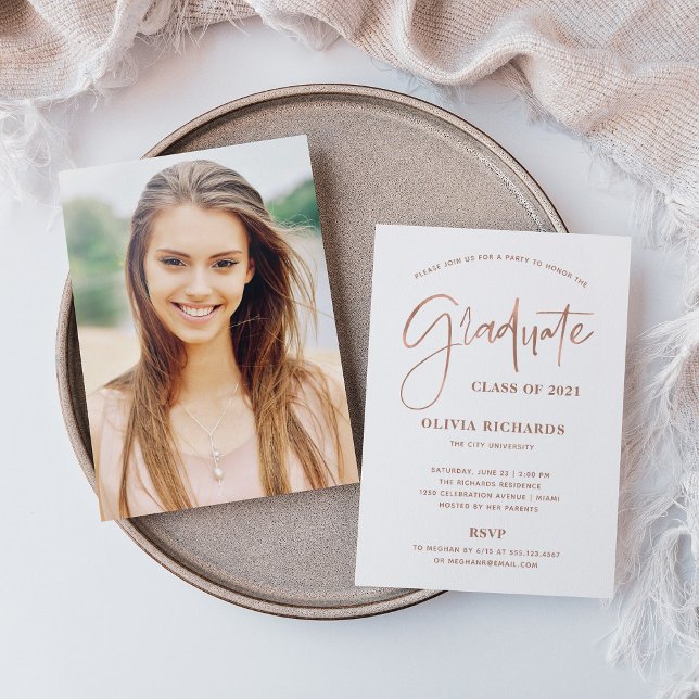 Casual Script Rose Gold and White | Grad Party Invitation (Creator Uploaded)