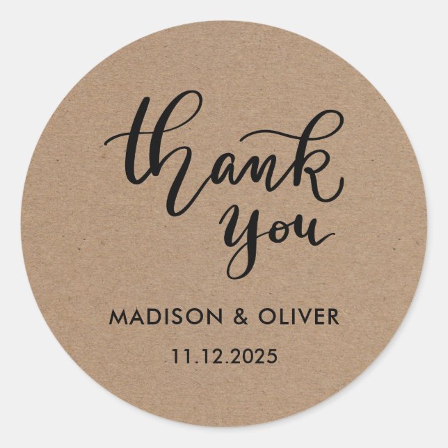 Casual Script Rustic Thank You Wedding Classic Round Sticker (Front)