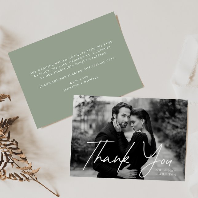 Casual Script Sage Green Photo Wedding Thank You Card (Creator Uploaded)
